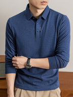 New Autumn 2026 Men's Long-Sleeve T-Shirt, Solid Color Lapel, Simple Daily Wear, Casual Polo Shirt - Dark Blue