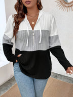 Plus Size - Plus Size - Women'S Plus Size V-Neck Zipper Detail Long Sleeve Soft Ribbed Fluffy Tricolor Patchwork Casual Hoodie - White