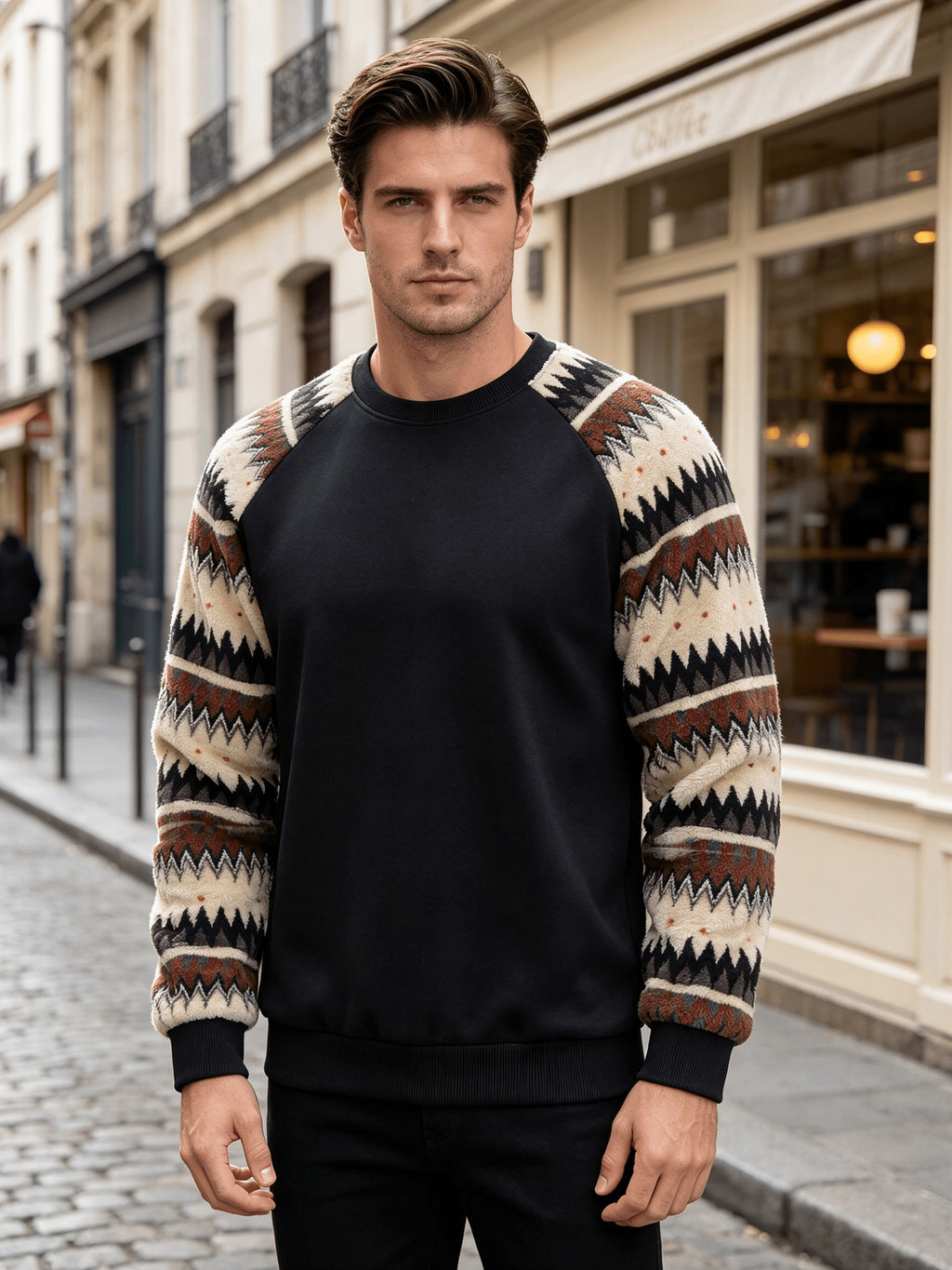 Men's Autumn/Winter Crew Neck Plush Sweatshirt, Raglan Sleeve Plush Sweatshirt, Featuring a Stylish Plush Color Block Patchwork Pattern and Solid Color Design, Made from Wrinkle-resistant Soft Knitted Fabric, It Is Highly Practical - Black
