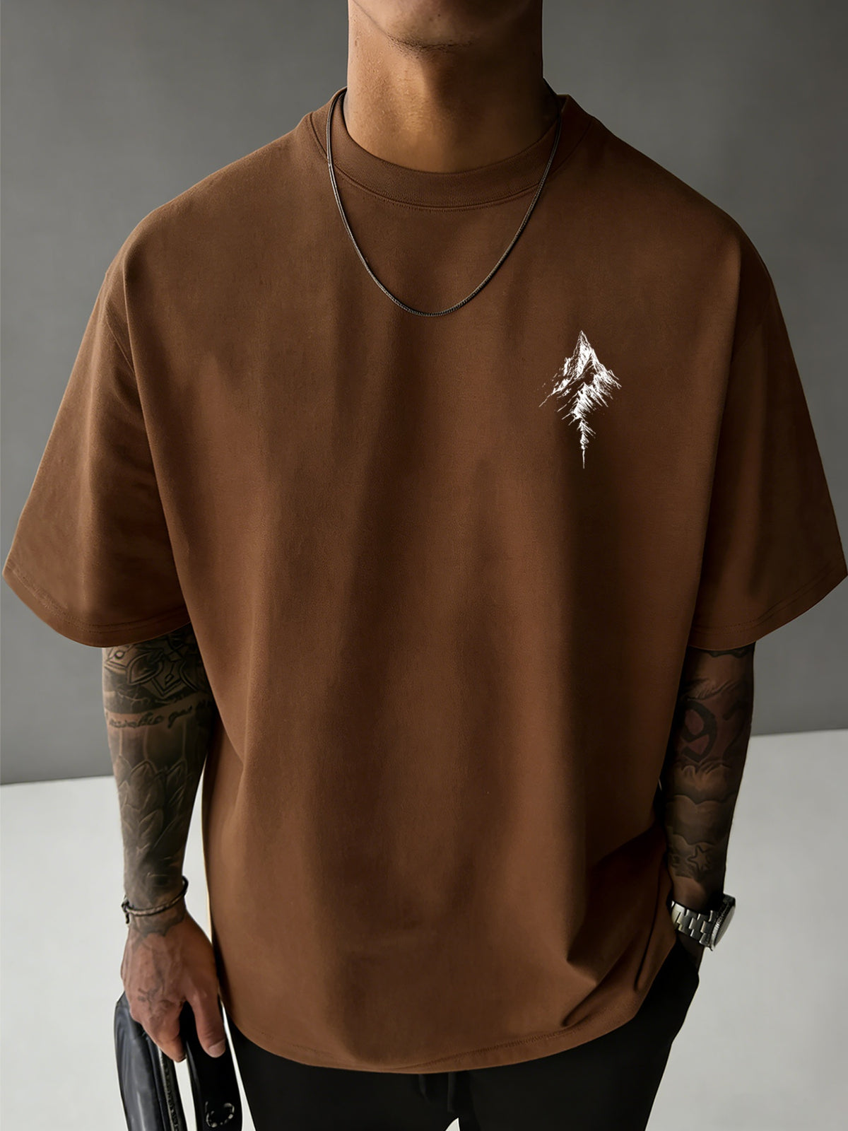 Men's 100% Pure Cotton T-Shirt, Minimalist Mountain Print, Soft and Breathable, Suitable for All Seasons, for Daily Casual and Commuting Wear - White