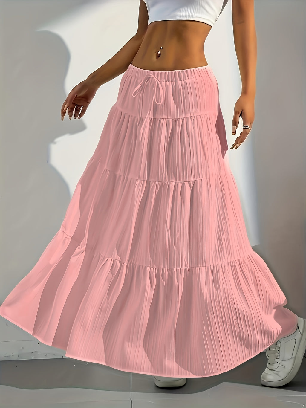 Elegant Style 2025 Western Cross-Border Women'S New Solid Color Half Skirt with Tie-Back Flared Skirt Loose Half Skirt Women - Pink