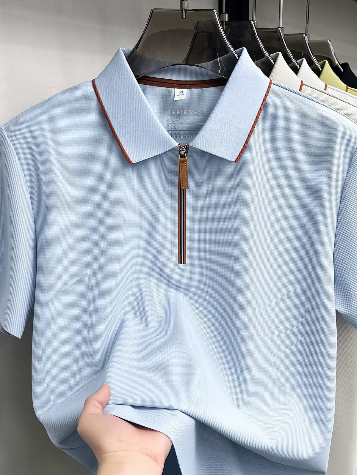Men'S Zip-Up Polo Shirt, Summer Business Casual Contrast Collar Short Sleeve T-Shirt, Breathable Quick-Dry Commute Top, Men'S Athletic Polo Shirt, Summer Commute Men'S Clothing - Light Blue