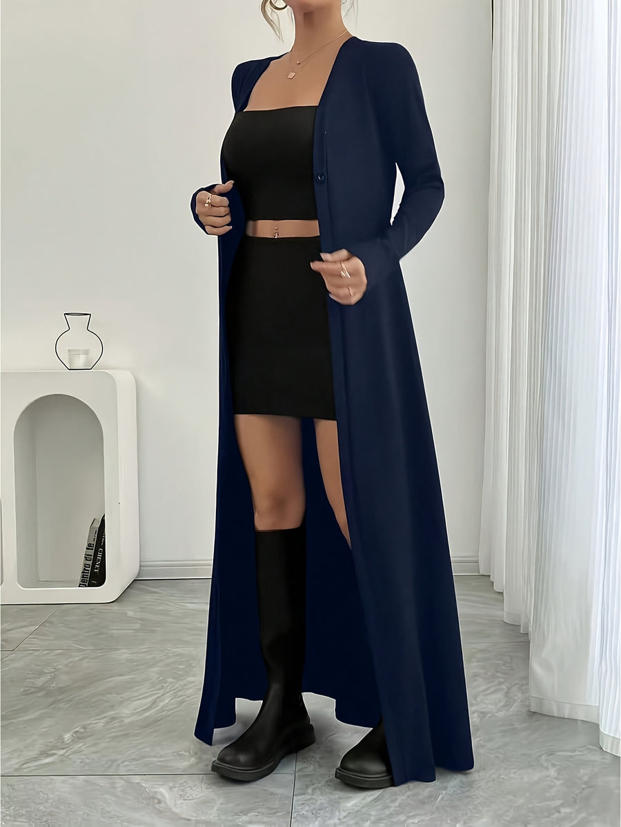 New Spring/Autumn Women's European and American Style Daily Solid Color Long Button-Up Cardigan, Long Sleeve, Slim Fit, Casual Commuter Outerwear - Navy Color