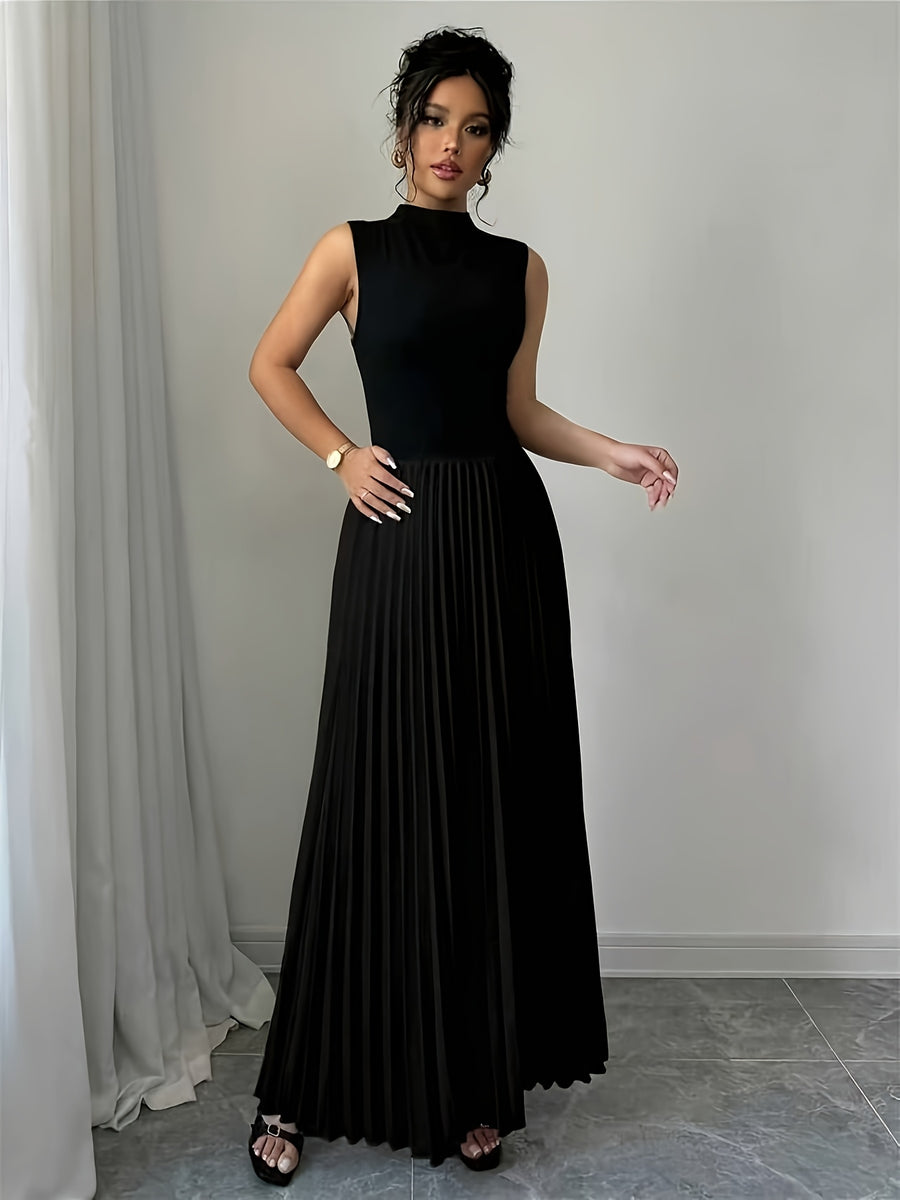 Elegant, Exquisite and Fashionable High Neck Sleeveless Pleated Long DressSlim Fit Waist-cinching A-line Bridesmaid DressMinimalist StyleSuitable for Daily Commute, Office Wear, Dinner Parties, Dating and Formal Occasions - Black