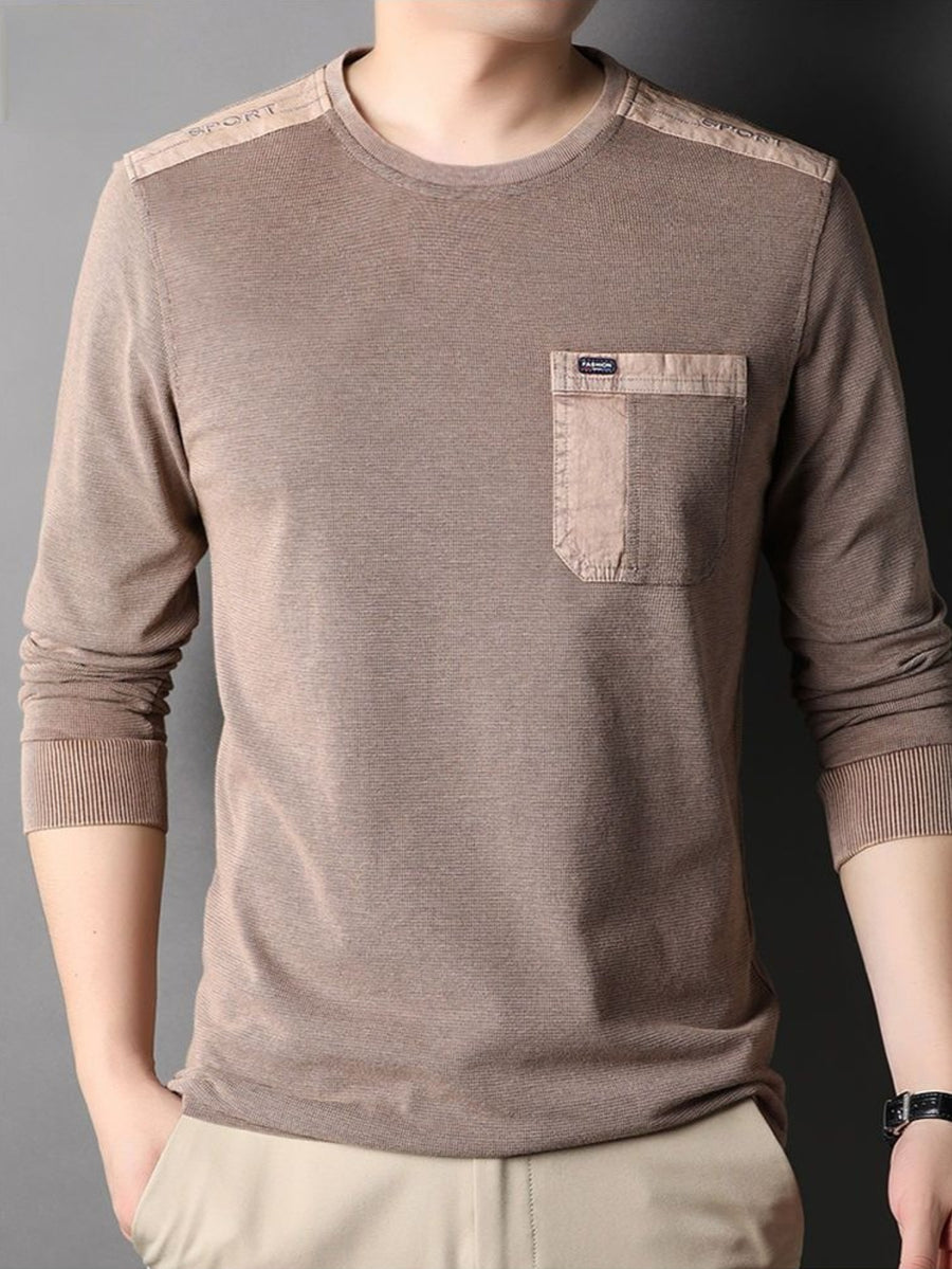 Men'S Distressed Waffle Long Sleeve Round Neck Top, Shoulder Patchwork And Pocket Design, Retro Casual Style - Coffee Brown