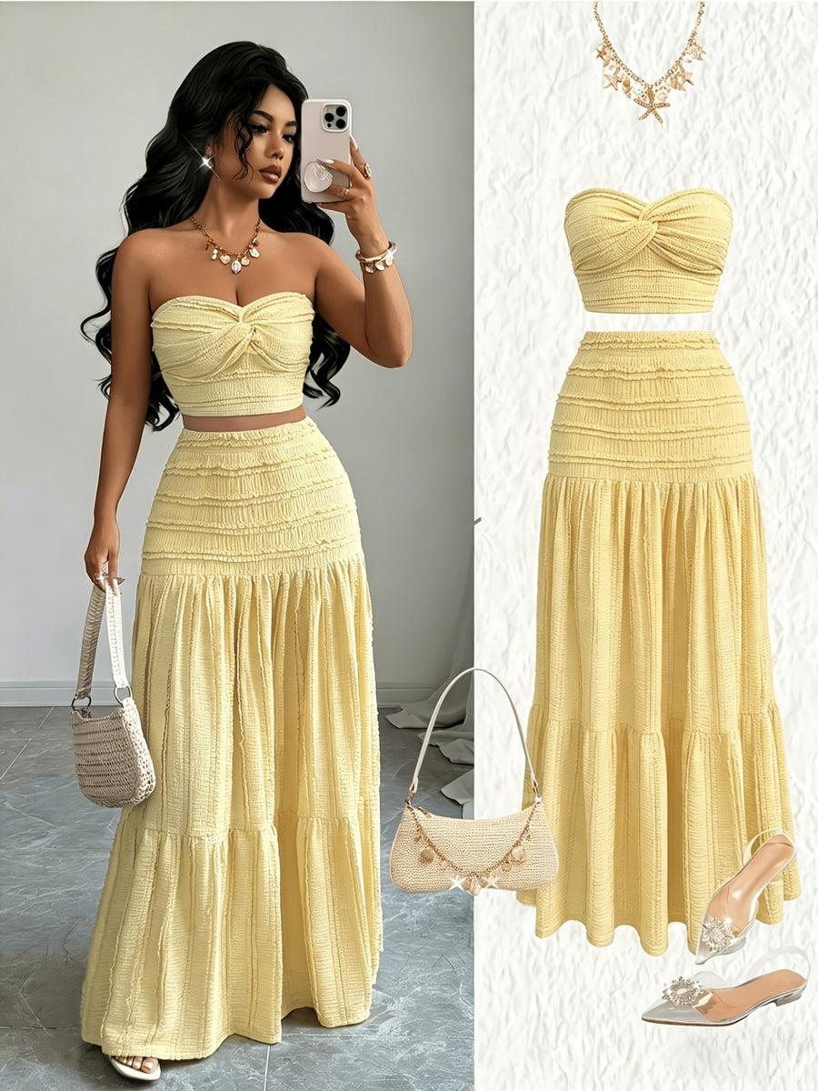 Women'S Jacquard Twisted Short Top And Loose Skirt Set, Elegant Fashion, Suitable for Birthday, Date, Party, Formal Occasions, Music Festival, Valentine'S Day, Easter, Labor Day, Back to Party, Singles' Day, Spring And Summer Wear - Bright Yellow