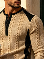 [Joximei OBM] Western Hardman Style Men'S Jacquard Henley Long Sleeve T-Shirt, Shoulder Side Color-Block Patchwork Knit Top, Home Casual Weekend Outing Base Layer, Surprise Gift for Men - Khaki