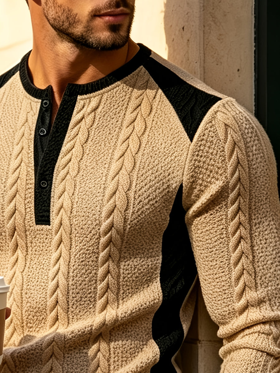[Joximei OBM] Western Hardman Style Men'S Jacquard Henley Long Sleeve T-Shirt, Shoulder Side Color-Block Patchwork Knit Top, Home Casual Weekend Outing Base Layer, Surprise Gift for Men - Khaki