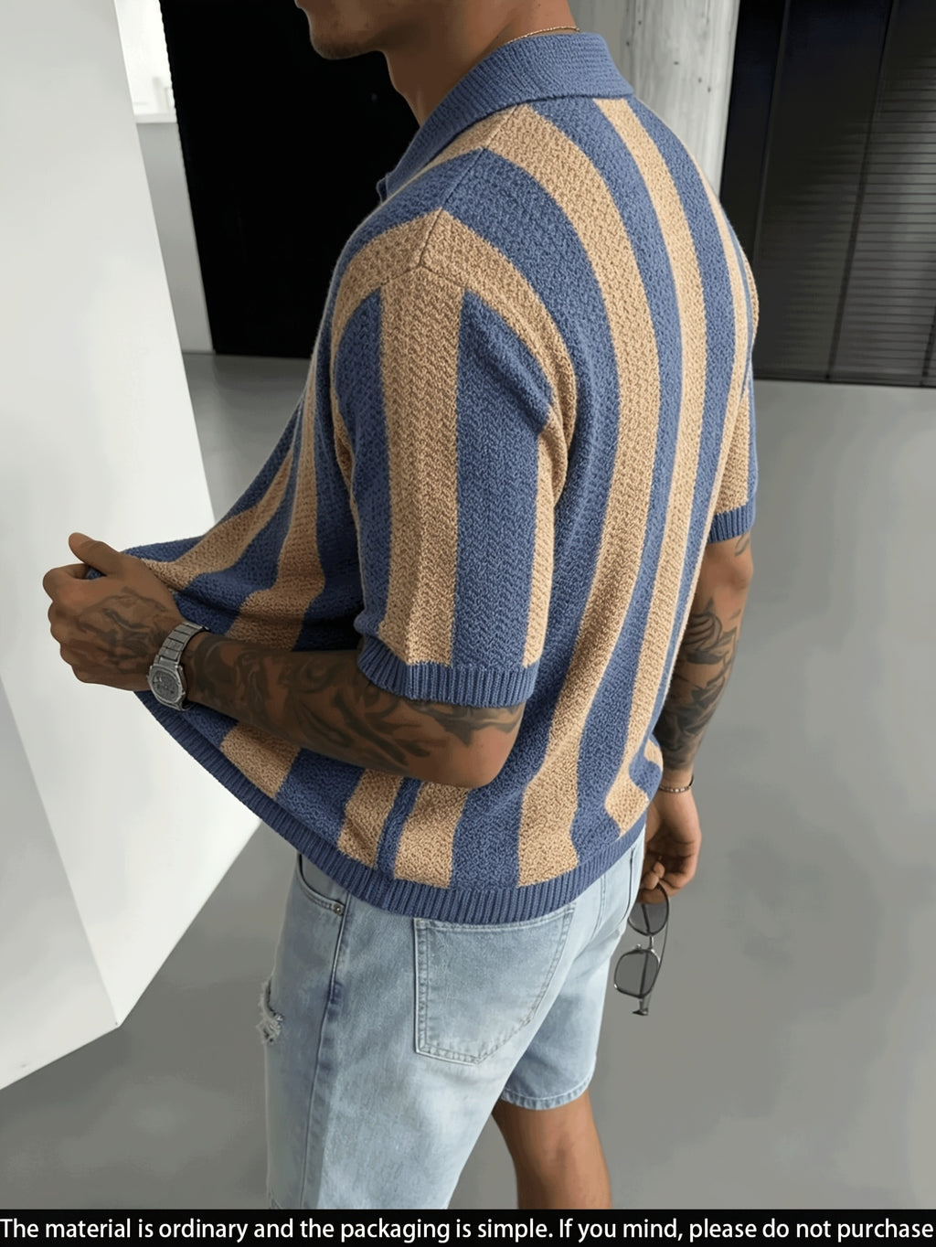 Men'S Knit Short Sleeve Color-Block Pinstripe Polo Collar Casual Loose Business Commute Knit Pullover Top - Royal Blue