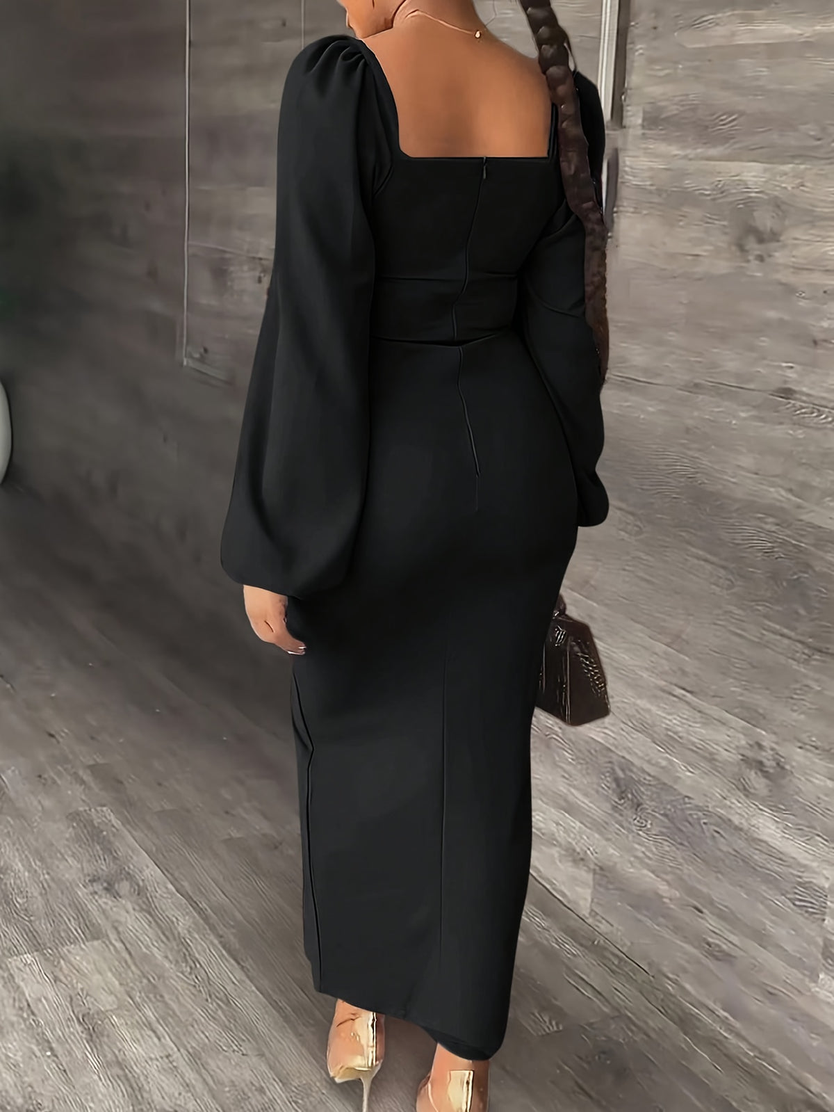 New European and American Style Fashion Slimming Split Long Sleeve Dress Trend - Black