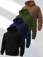 4-Pc Men'S Solid Color Casual Hooded Sweatshirt, Drawstring Hoodie, Spring/Autumn Fashion Sporty Long Sleeve Pullover, Outdoor Activities And Daily Casual Wear - 4pcs-Black+navy blue+Army Green+coffee