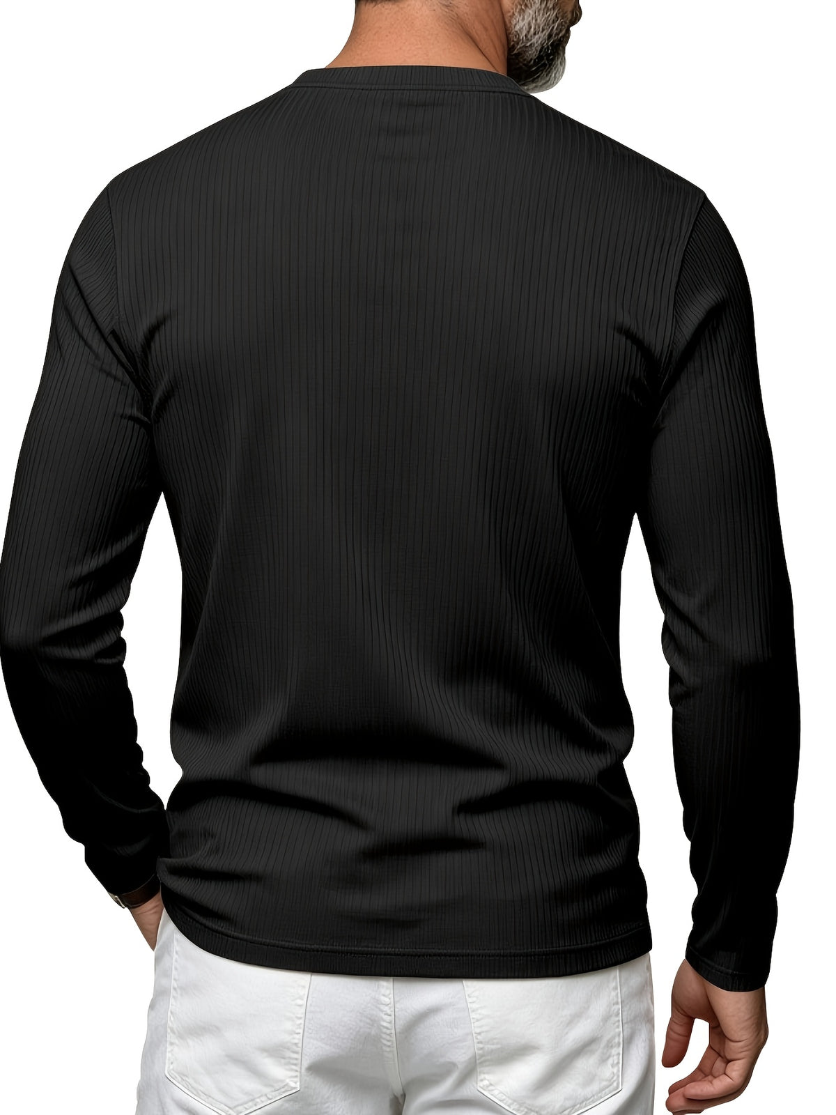 Men's Vertical Pin-Stripe V-Neck Henley Long-Sleeve T-Shirt, Slim Fit Stretch Textured Top, Spring/Autumn Casual Base Layer Men's Apparel - Black