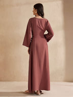 Women's Elegant A-Line Dress - Adjustable Drawstring Waist, Non-Stretchy Fabric for Formal & Everyday Events - Machine Washable Women's Clothing (Spring/Fall/Summer), Spring Outfit, Round Neckline, Flowing Silhouette - The color of rouge