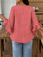 Women's Colorful Plaid Flared Sleeve Shirt for Spring, Summer, and Autumn, Casual Checkered Patchwork Shirt with Large and Small Plaid Patterns, Plaid Shirt for Vacation, Leisure, and Work Commutes - Red