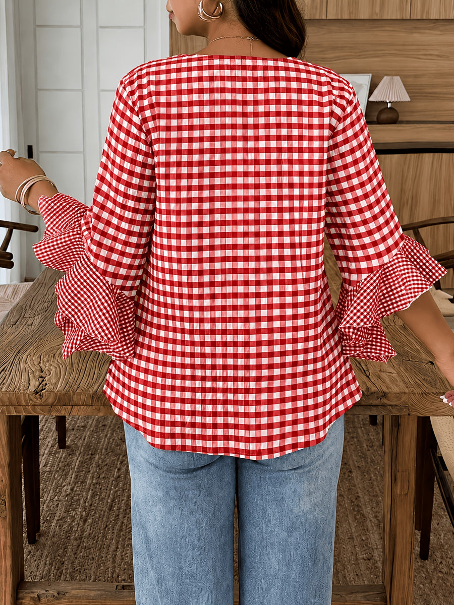 Women's Colorful Plaid Flared Sleeve Shirt for Spring, Summer, and Autumn, Casual Checkered Patchwork Shirt with Large and Small Plaid Patterns, Plaid Shirt for Vacation, Leisure, and Work Commutes - Red