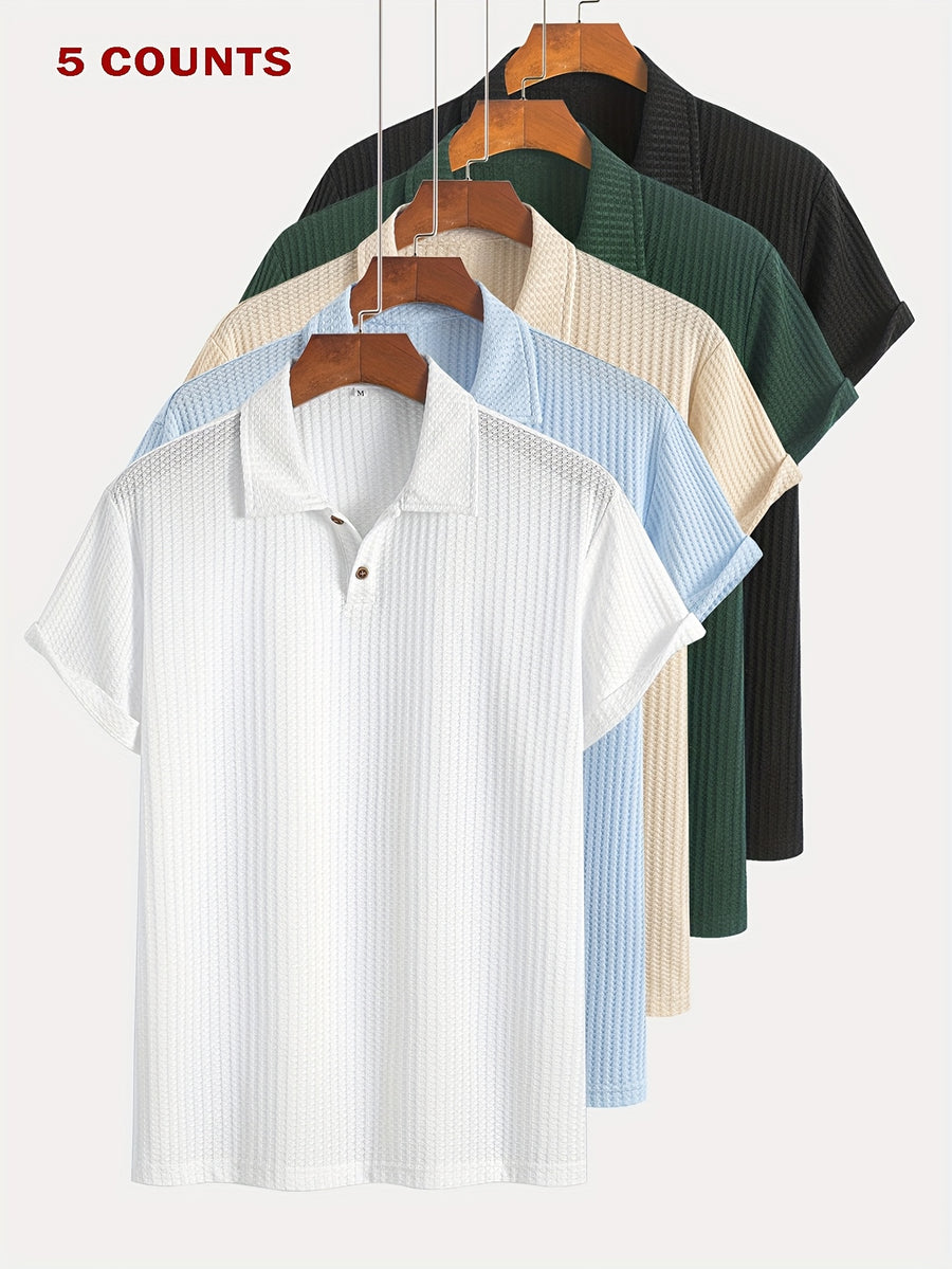 5Pcss Summer Casual Athletic Jacquard Knit Short Sleeve Polo Shirt Set, Textured Short Sleeve Polo Top 5Pcss Pc - Mix color 5