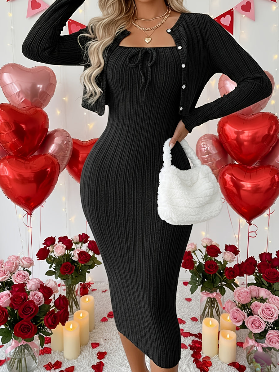 Women's Casual Simple Fashion Textured Solid Color Bow Tie Camisole Dress with Short Coat Two-Piece Set - Black