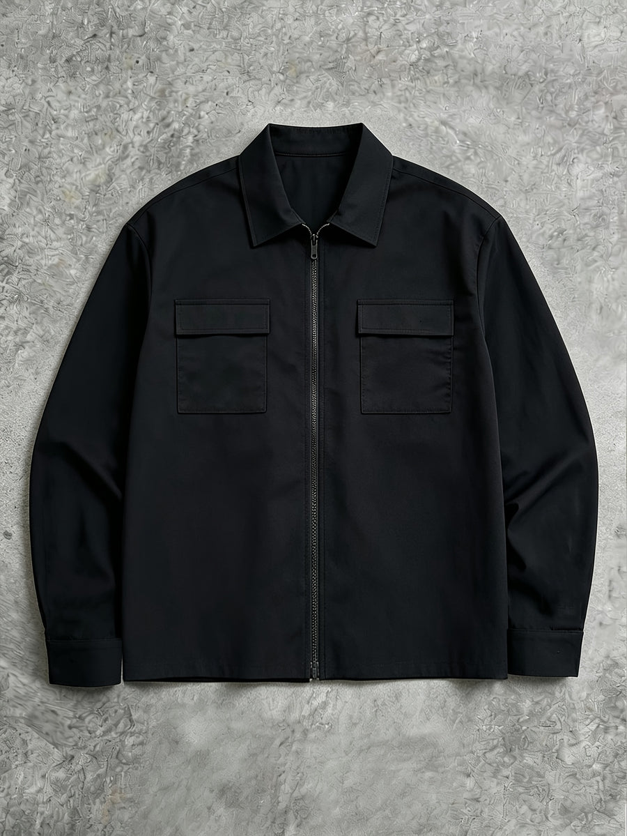 Men's Long-Sleeve Solid Color Zipper Shirt with Dual Pockets, Simple and Trendy Fashionable Casual Shirt - Black