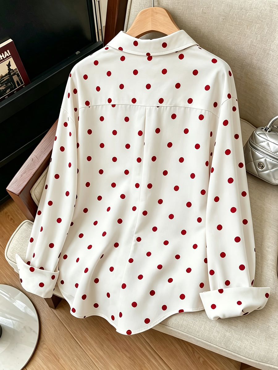Women'S Y2K Retro Casual Loose Long Sleeve Button-Up Polka Dot Printed Lapel Shirt, Elegant Vintage Casual Style Suitable for Outdoor Leisure Walking Shopping Wear ZD260604061 - White