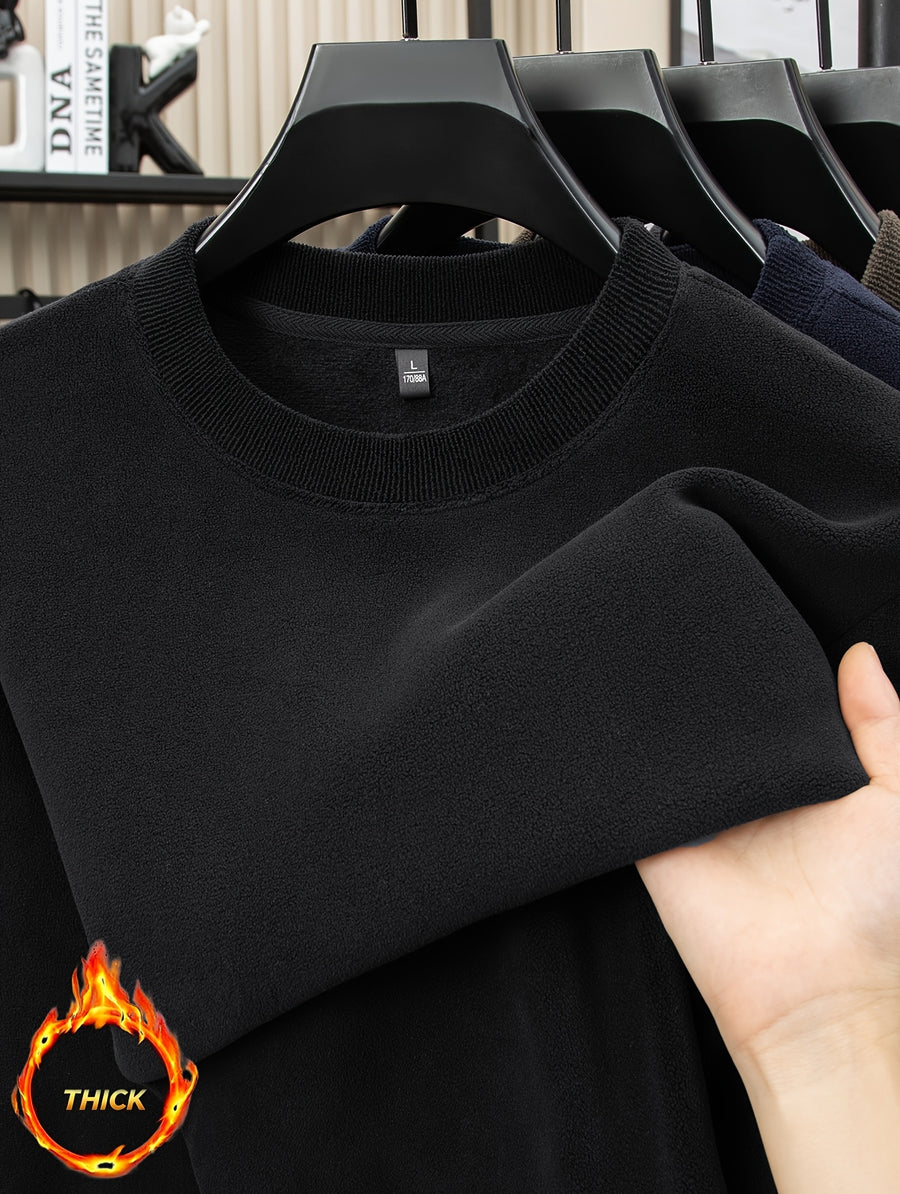 Autumn/Winter Men's -Lined Thickened Warm Base Layer Shirt, Crew Neck Long Sleeve T-Shirt, Solid Color Stretchy Inner Layer Casual Sweatshirt Top - Black