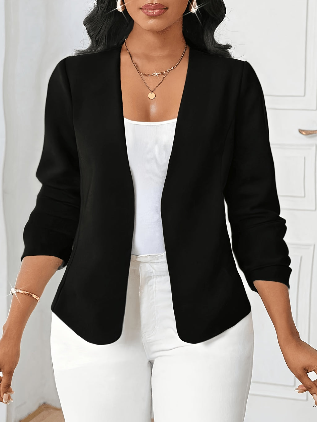 Elegant Women's Open-Front Pleated Long-Sleeve Black Jacket, Versatile Autumn Women's Clothing, Women's Spring-Summer Apparel - Black