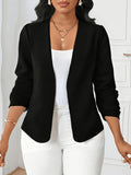Elegant Women's Open-Front Pleated Long-Sleeve Black Jacket, Versatile Autumn Women's Clothing, Women's Spring-Summer Apparel - Black