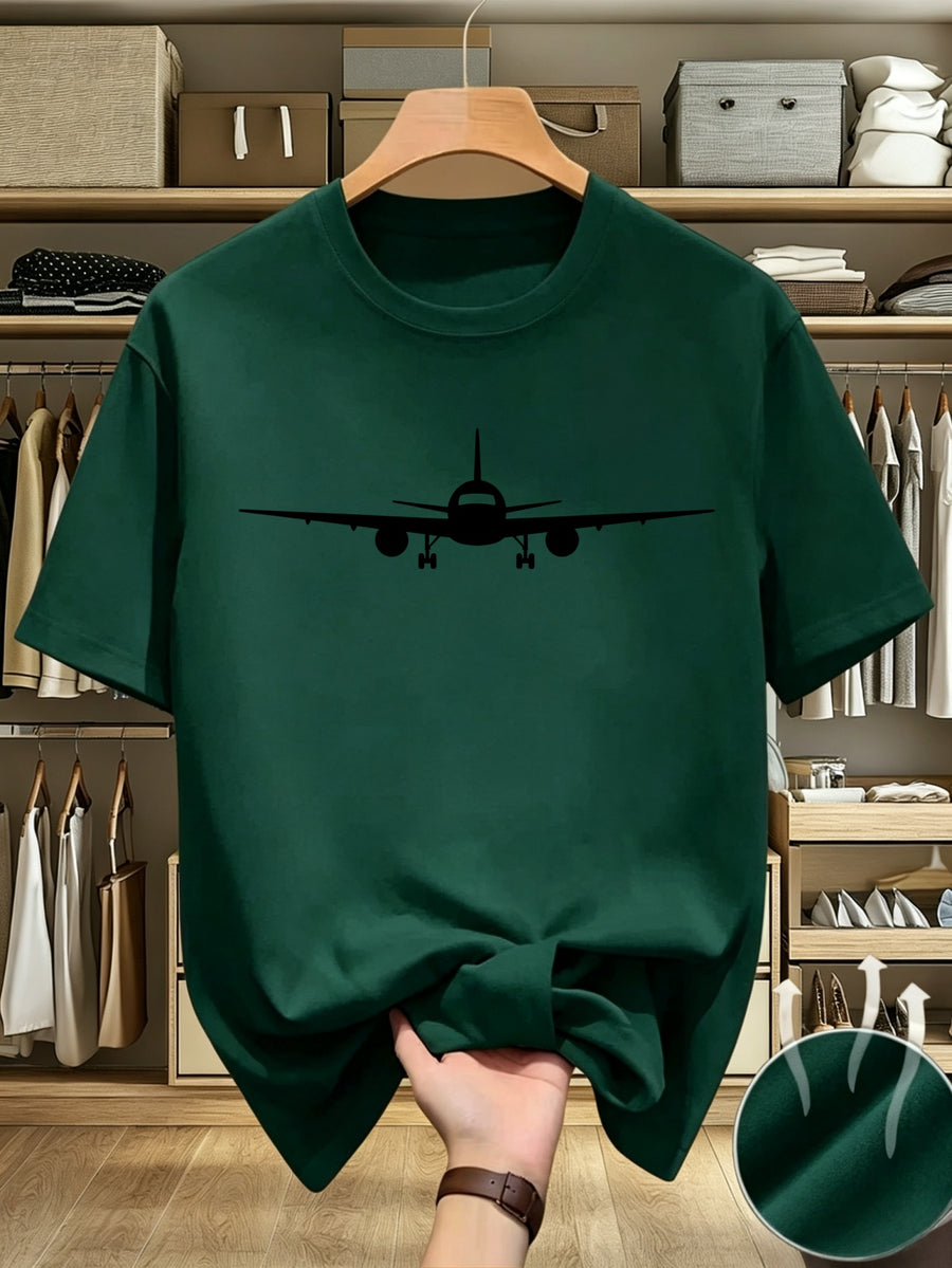 Men's Breathable Quick-Dry T-Shirt, Casual Sporty Minimalist Design, Versatile Black Airplane Graphic, Suitable for Fitness, Running, Daily Wear, Home, and Travel - Dark Green