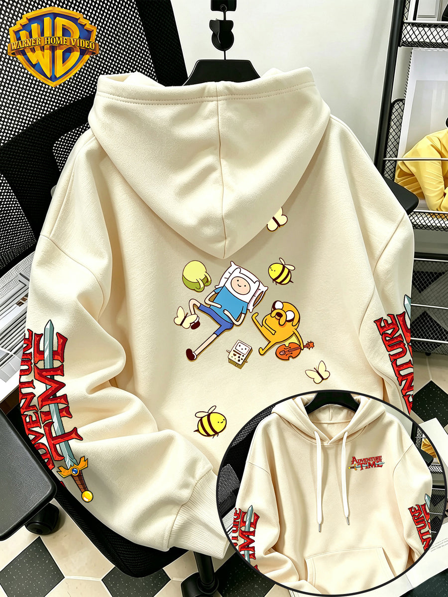Warner Bros Official Adventure Time Finn & Jake Lying Casual Cartoon Print Hooded Sweatshirt - Men's Versatile Casual Sweatshirt, Comfortable Autumn/Winter Wear, Ideal for Sports, Outdoors, Outings, Travel, and Daily/Commute/Home Use, the Perfect - Apricot