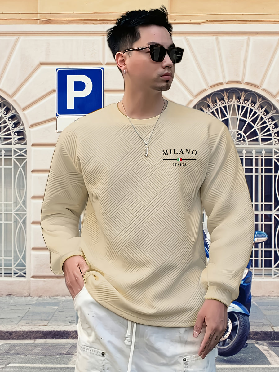 Men'S Spring Autumn Casual Long Sleeve Sweatshirt Daily All-Match Heavy Jacquard Round Neck Sweatshirt, Regular Fit, Outdoor, Crew Neck, Geometric Print - Apricot
