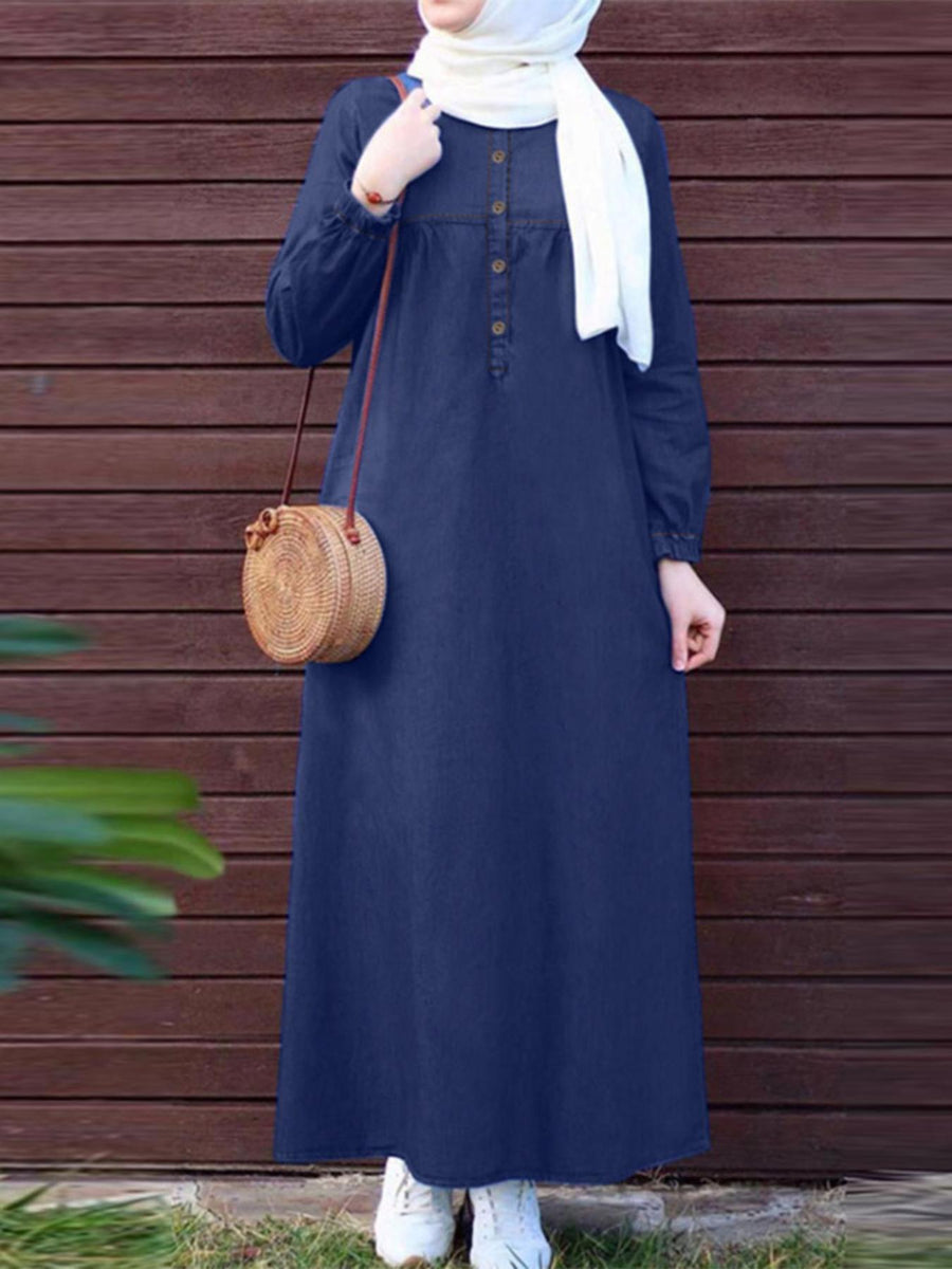 Women Street Style Oversized Muslim Kaftan Long Sleeve Round Neck Button-Up Shirt Dress Solid Color Daily Holiday Casual Loose Thin Maxi Dress Long Dresses - Navy Color