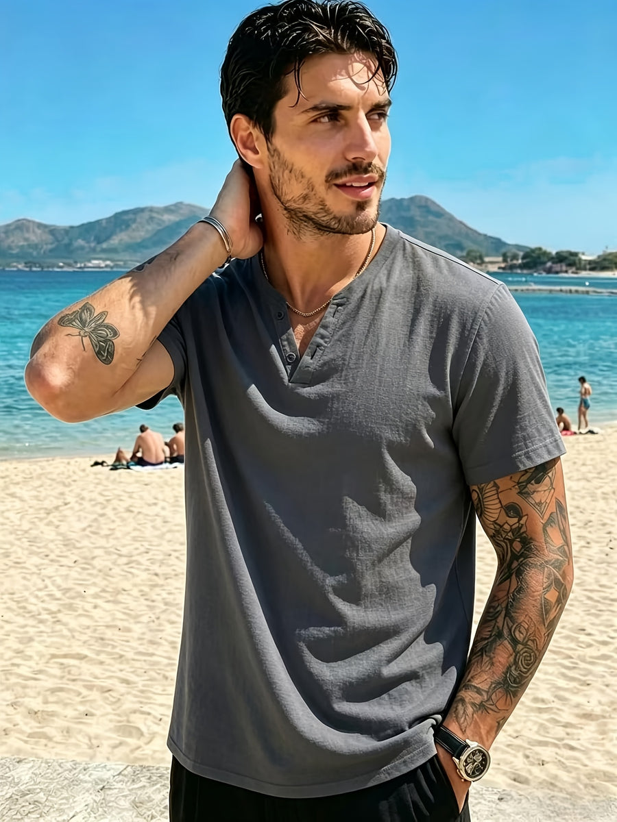 Men'S Summer Solid Short Sleeve T-Shirt, Button-Up V-Neck Casual Top, Soft And Comfortable Linen Fabric, Suitable for Daily Home And Outdoor Wear - Dark Gray