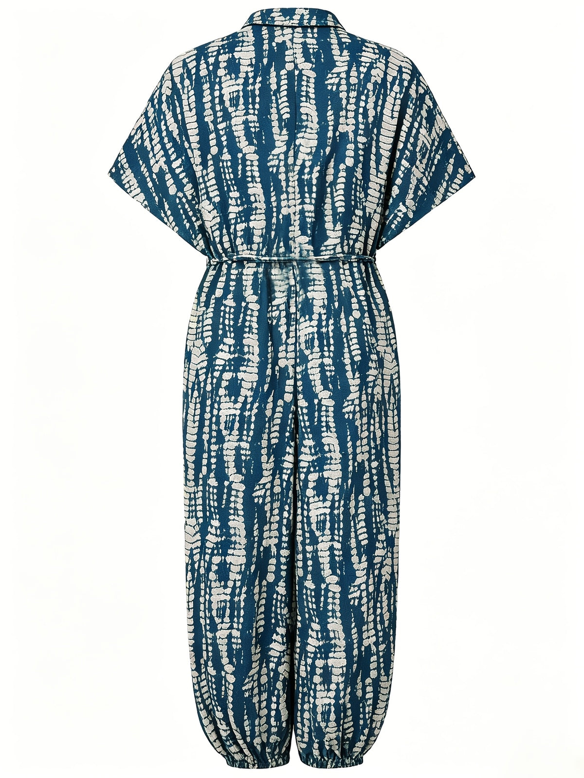 Summer Lapel Short-sleeve Printed Jumpsuit with Front Button Design, Comfortable to Wear, Elegant and Casual Overall for Women, Batwing Sleeve Design, Wide-leg Design with Front Tie, Suitable for Dates, Work, Vacations, Festivals, and Casual Wear - Blue