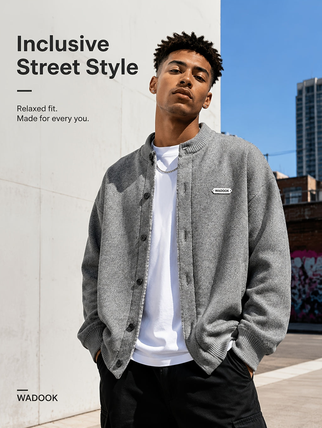 Daily Deal 1pc Men's Knit Cardigan with Baseball Collar, Plaid Trim, Button-Front, Small Label Decor, Urban Street Style, Spring & Fall Loose Fit Daily Sweater Outerwear - Grey