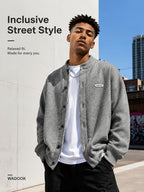 Daily Deal 1pc Men's Knit Cardigan with Baseball Collar, Plaid Trim, Button-Front, Small Label Decor, Urban Street Style, Spring & Fall Loose Fit Daily Sweater Outerwear - Grey