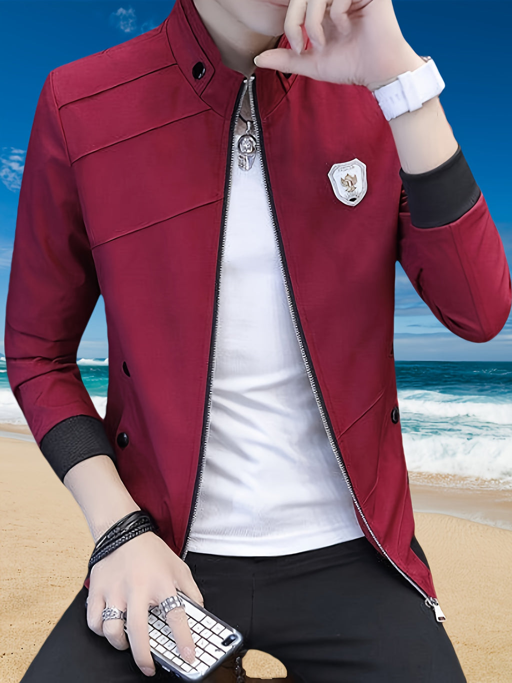 Men's Slim-Fit Stand Collar Jacket - Elegant Beige Polyester with Black Accents, Casual Business Style for Spring and Fall, Stylish Layering Piece | Zipper Closure Jacket | Tailored Fit - 10602 Badge - 888 Wine Red