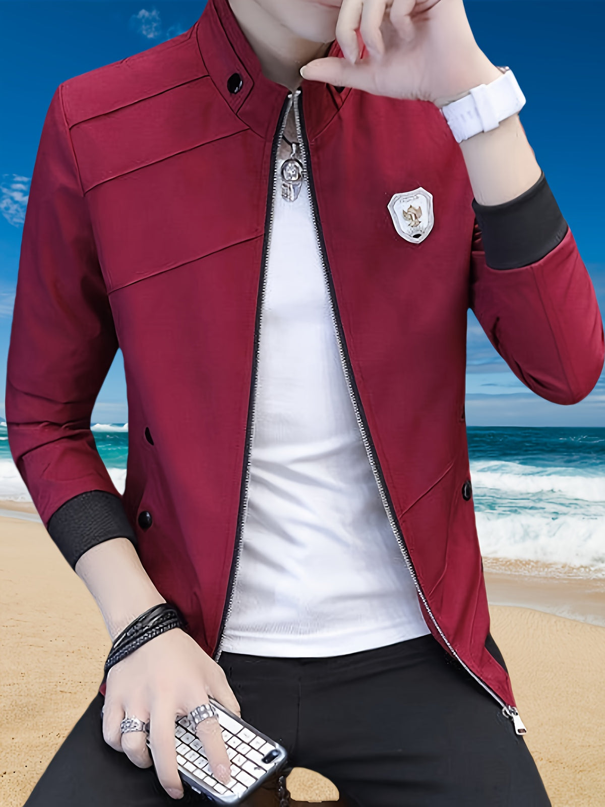 Men's Slim-Fit Stand Collar Jacket - Elegant Beige Polyester with Black Accents, Casual Business Style for Spring and Fall, Stylish Layering Piece | Zipper Closure Jacket | Tailored Fit - 10602 Badge - 888 Wine Red