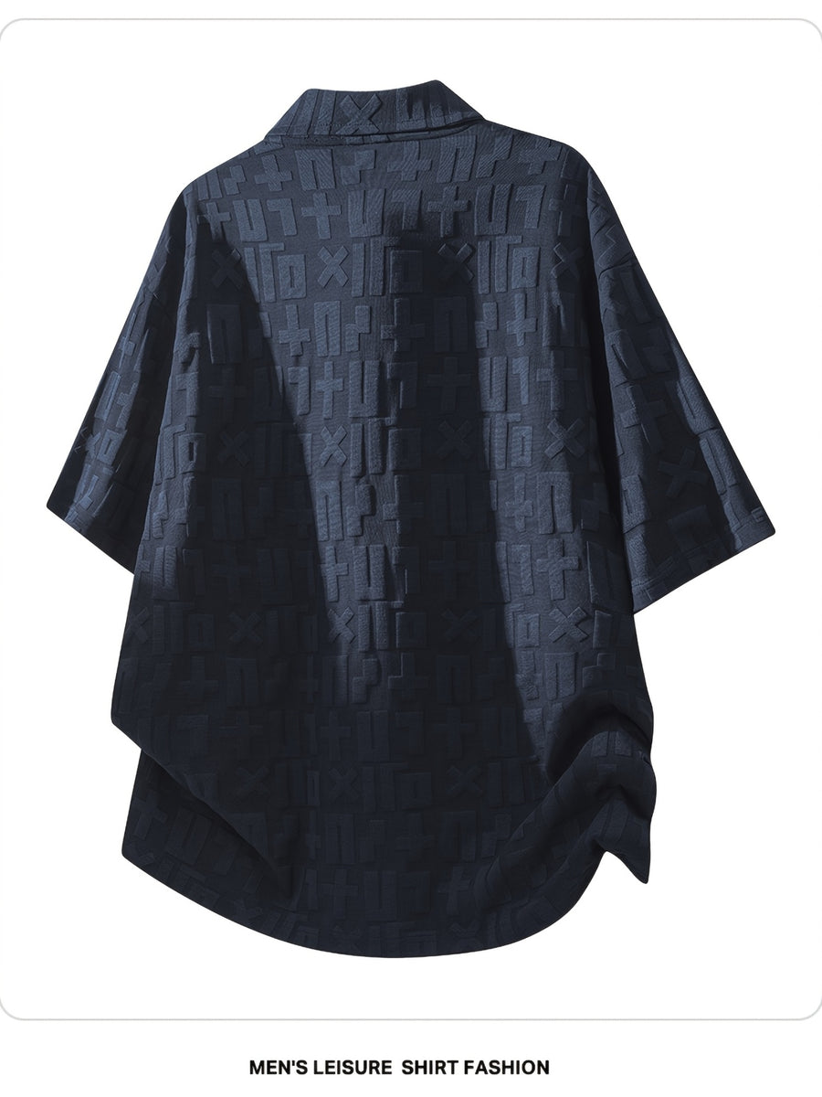 Men'S Summer Jacquard Textured Short Sleeve T-Shirt, Premium Casual Loose Top - Navy Color