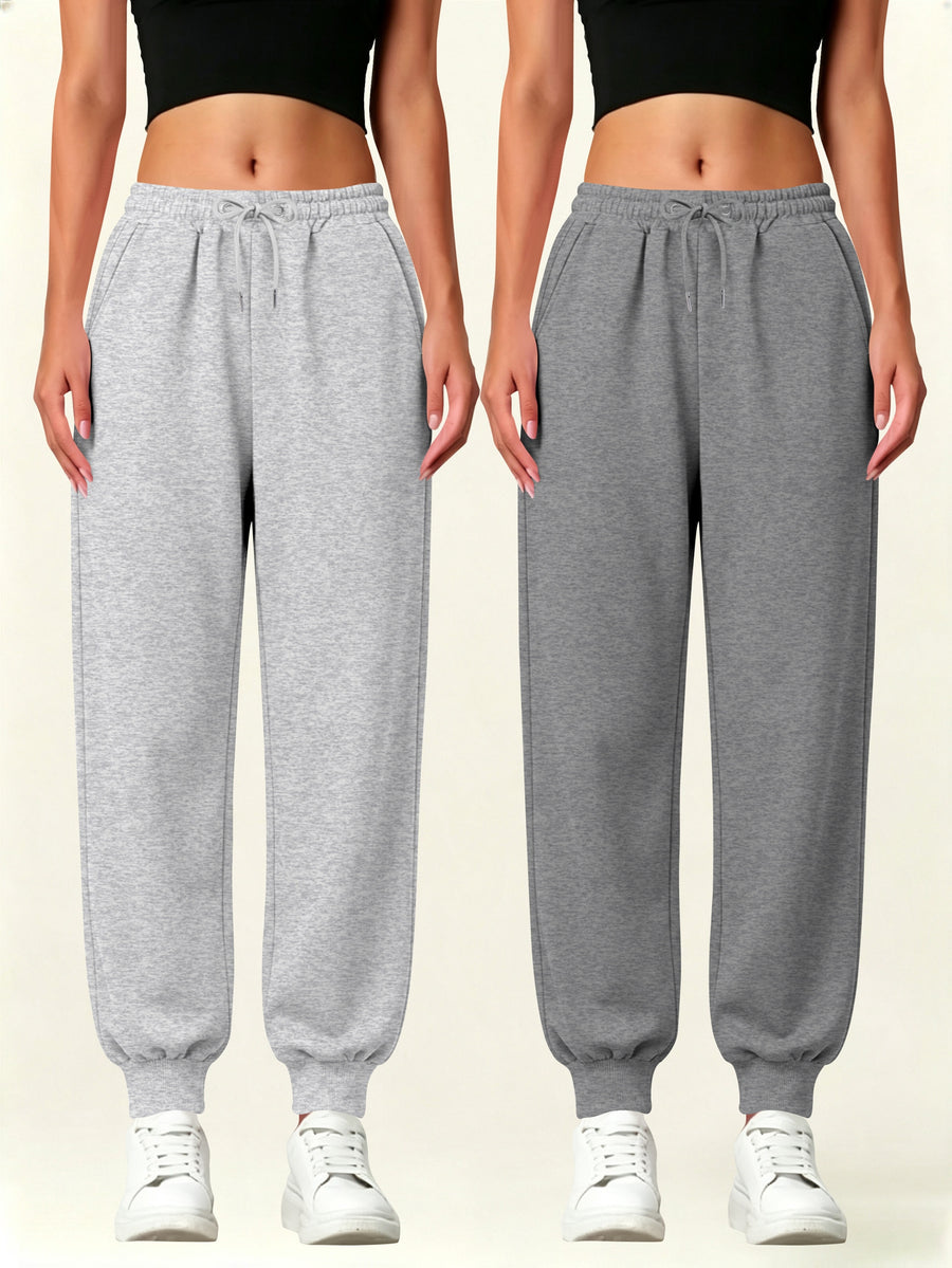 2pcs Set Autumn-Winter Women's Casual Pants with Pockets - Grey+Dark Grey