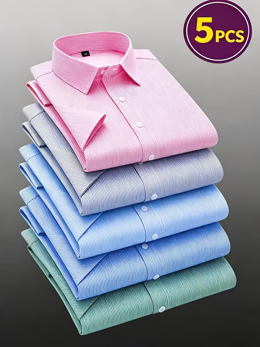 5pcs Men'S Pinstripe Short Sleeve Dress Shirt, Non-Iron Wrinkle-Free Comfortable, Fashionable Casual Short Sleeve Shirt, Comfortable Fabric, Outdoor Commute Party Wear, Comfortable to Wear, Essential Wardrobe Item - 2 Sky Blue + Light Pink Gray Green