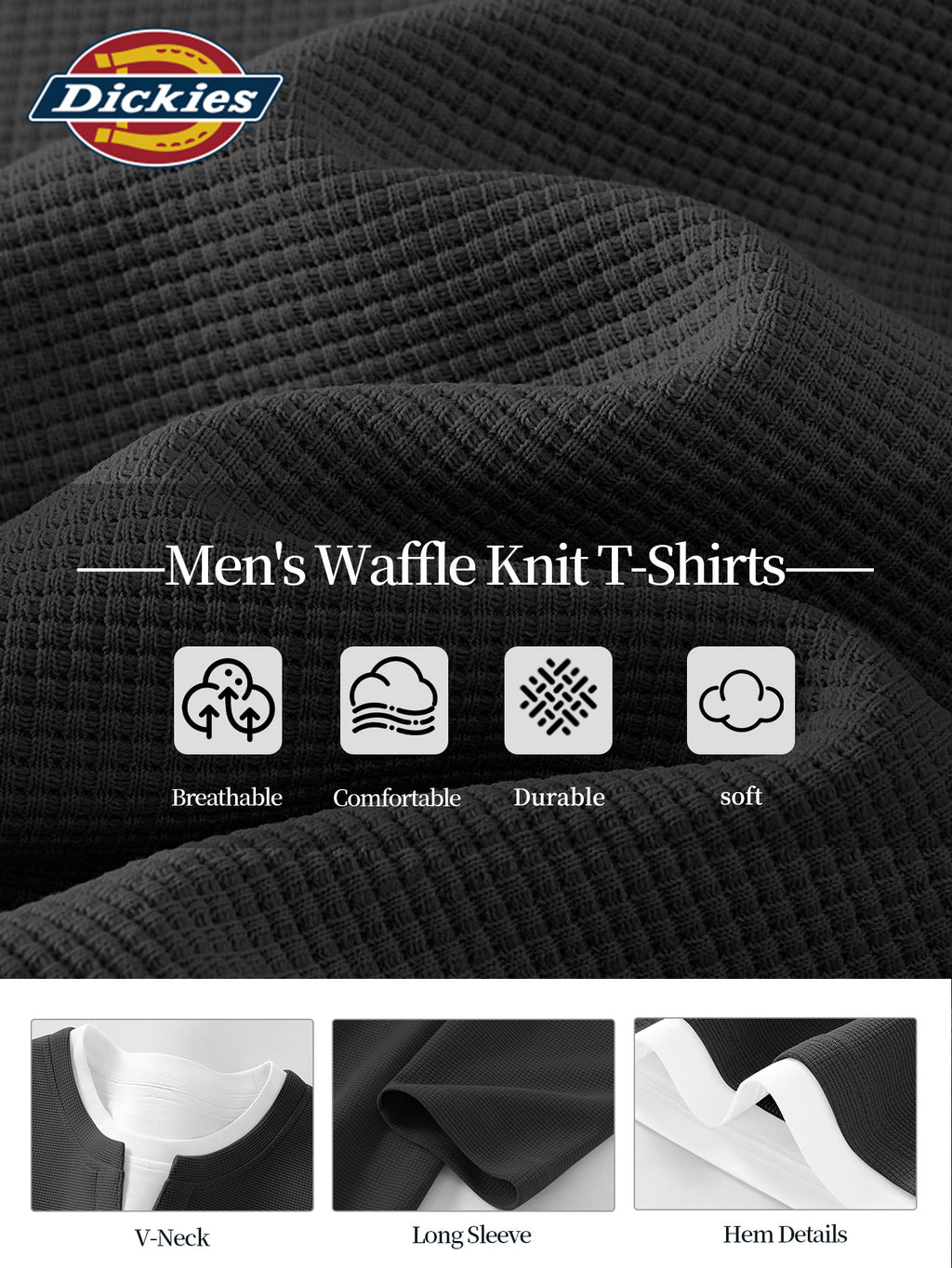 Dickies 2026 New Faux Two-Piece Structured Long Sleeve T-Shirt Waffle Fabric Men'S All-Season Trendy American Retro Cut Design Statement Tee Men'S Waffle Faux Two-Piece V-Neck Long T - Dark Gray