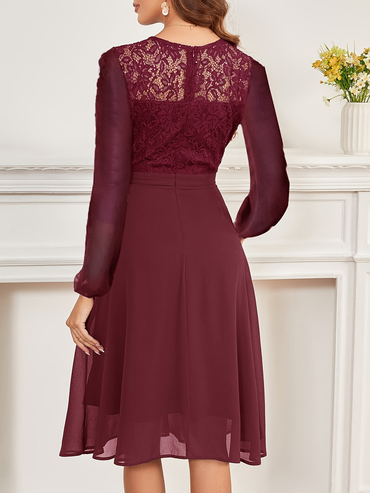 Women's Wedding Bridesmaid Dress, Chiffon Sequin Lace Long Sleeve Midi Cocktail Dress - Burgundy