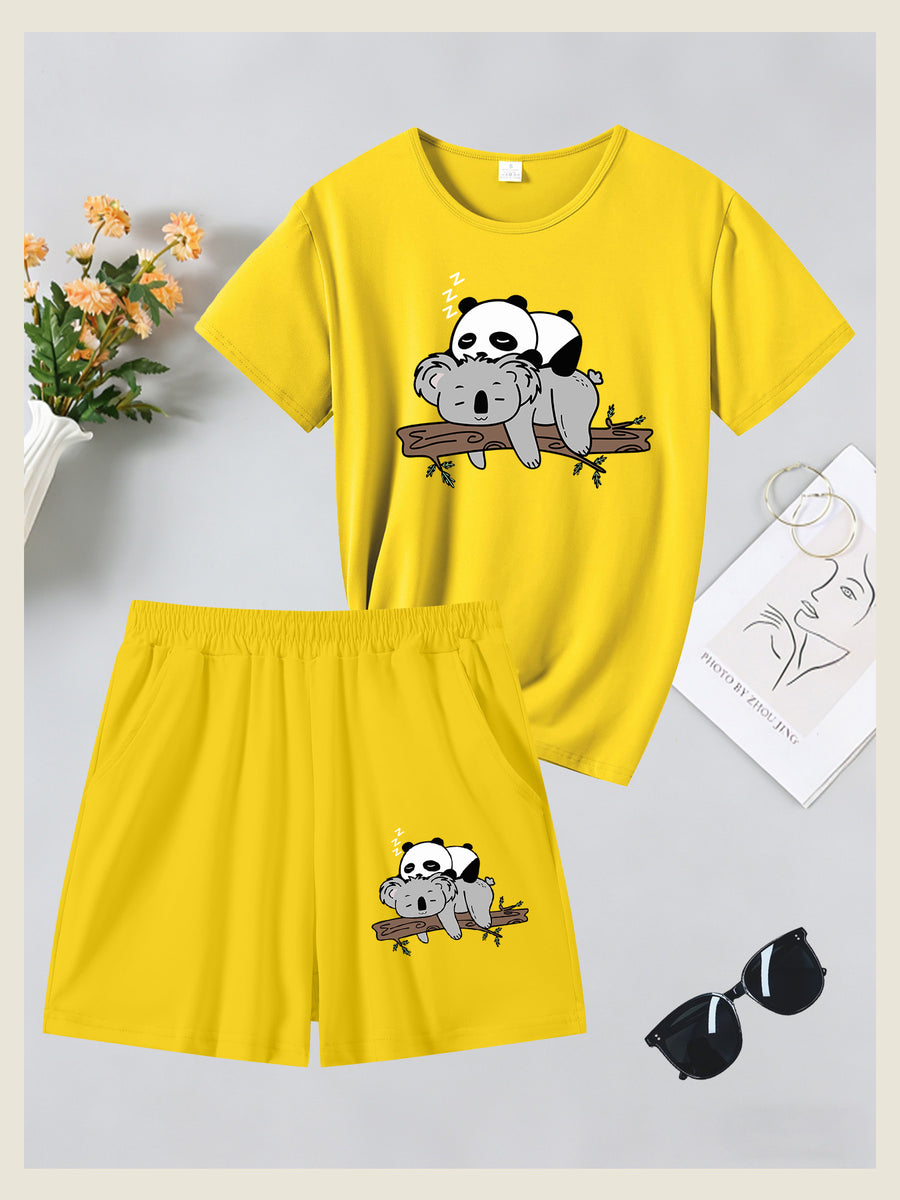 2pcs Women's Summer Short Sleeve Set—Panda Koala Cute Animal Print Short Sleeve Shorts Set, Comfortable, Soft, and Breathable for Sports and Daily Wear, Suitable for Back-to, Campus, Valentine's Day, Women's Pajamas, Jogging, Fitness, and as a Gift - Yellow+yellow