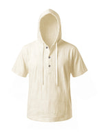 Men'S Summer Hooded Short Sleeve T-Shirt, Henley Collar Half-Open Placket Button Design, Drawstring Decor Breathable Comfortable Loose Casual Home Vacation Top, Holiday Gift - Khaki