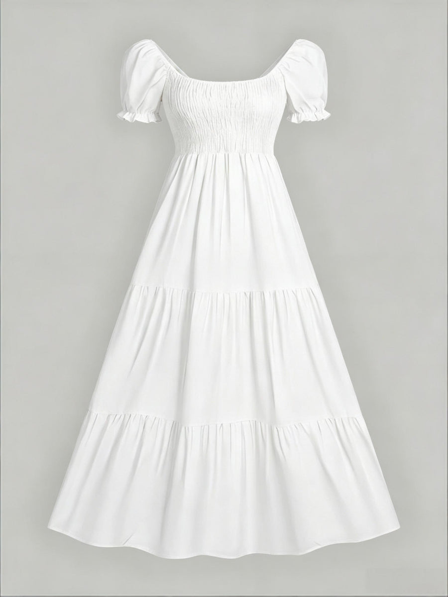 Four-Season Suitable Dress, Y2K Women's New Solid Color Square Neck Tie-Back Long Dress, Suitable for Streetwear, Commuting, Parties, Social Events, Vacations, Christmas, New Year, Valentine's Day, Women's New Clothing M186 - White