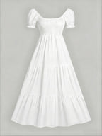 Four-Season Suitable Dress, Y2K Women's New Solid Color Square Neck Tie-Back Long Dress, Suitable for Streetwear, Commuting, Parties, Social Events, Vacations, Christmas, New Year, Valentine's Day, Women's New Clothing M186 - White