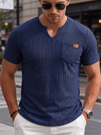 Men'S Fashion Top, Spring Summer Outdoor Casual Textured Pleated Fabric Solid Color Keyhole V-Neck Pocket Patchwork Short Sleeve Men'S Henley Shirt - Navy blue color
