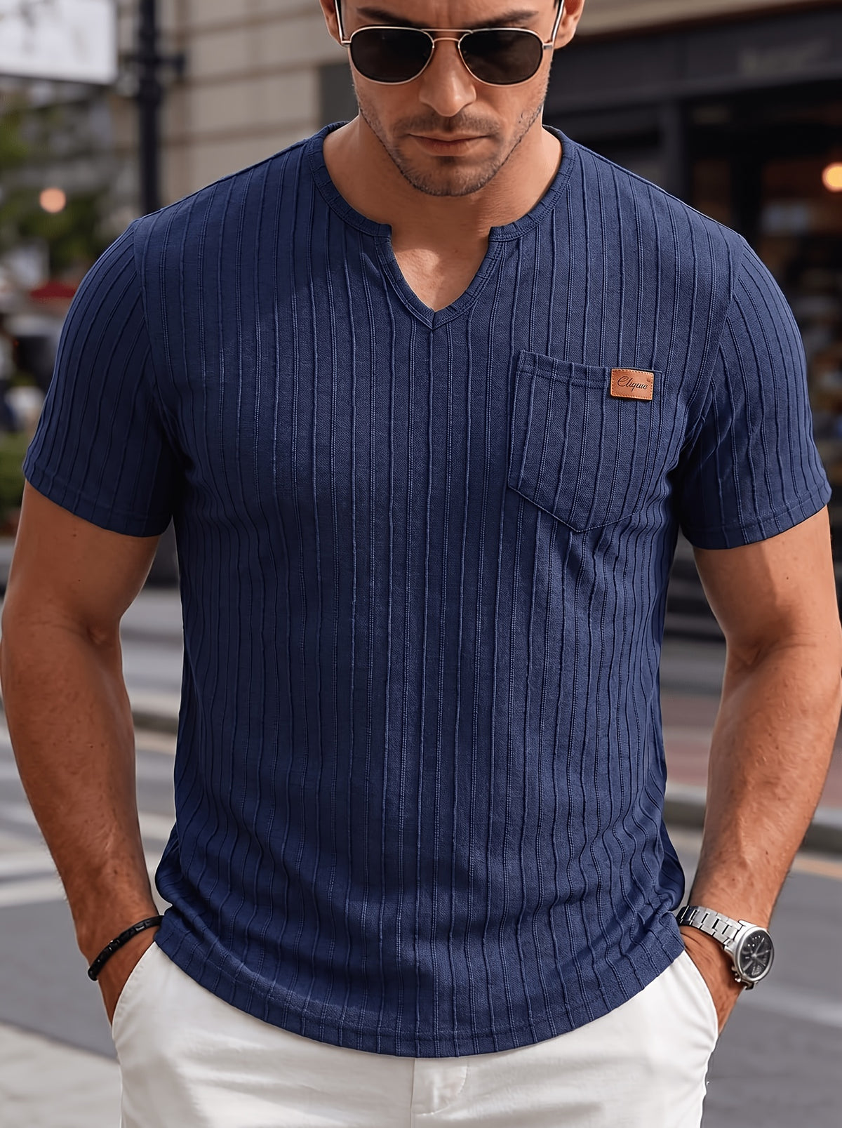 Men'S Fashion Top, Spring Summer Outdoor Casual Textured Pleated Fabric Solid Color Keyhole V-Neck Pocket Patchwork Short Sleeve Men'S Henley Shirt - Navy blue color