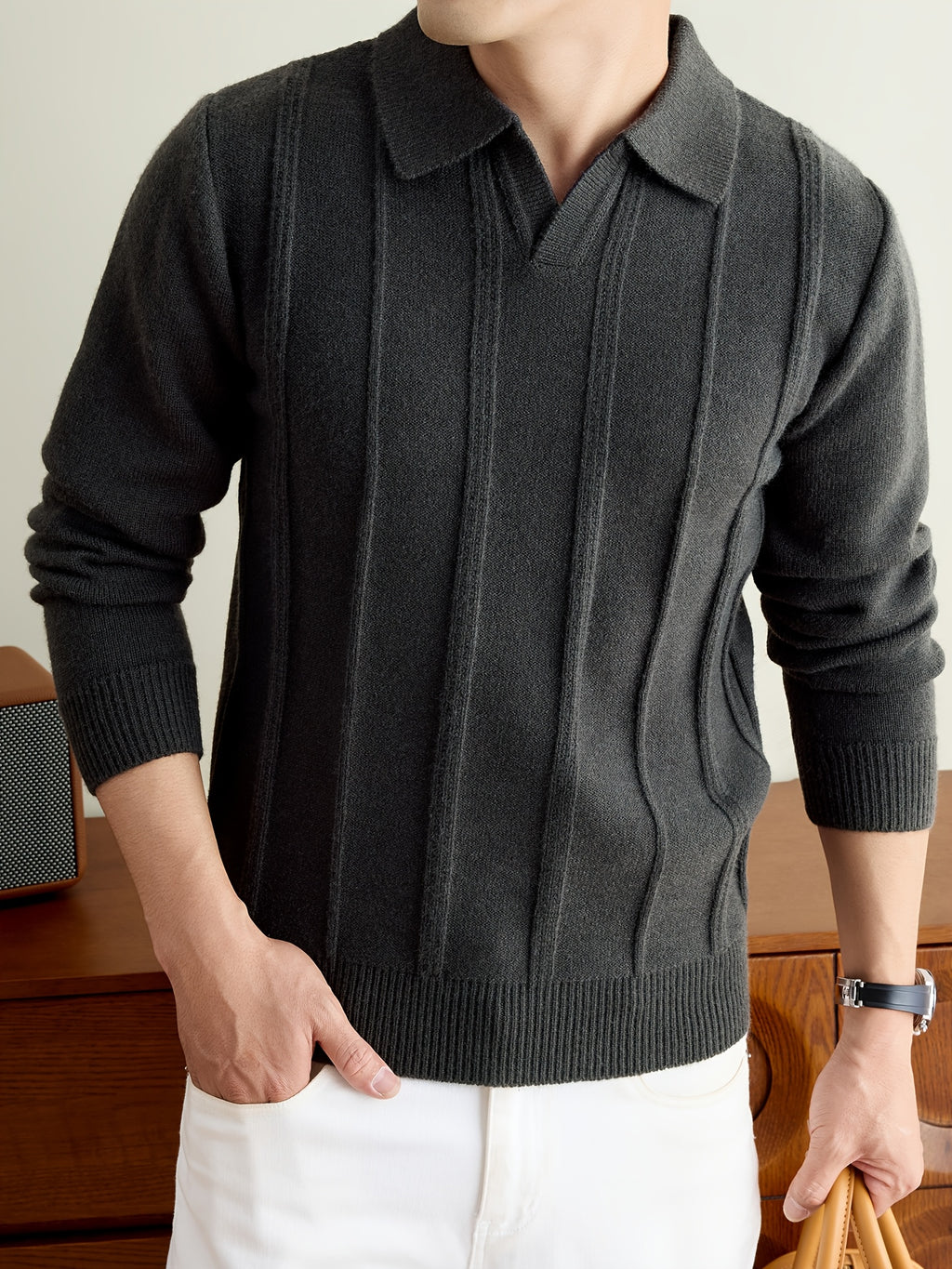 Men's Fall Winter V-Neck Buttonless Collar Knit Polo Sweater, Vertical Ribbed Long Sleeve Pullover with Ribbed Trim, Casual Top - Dark Gray