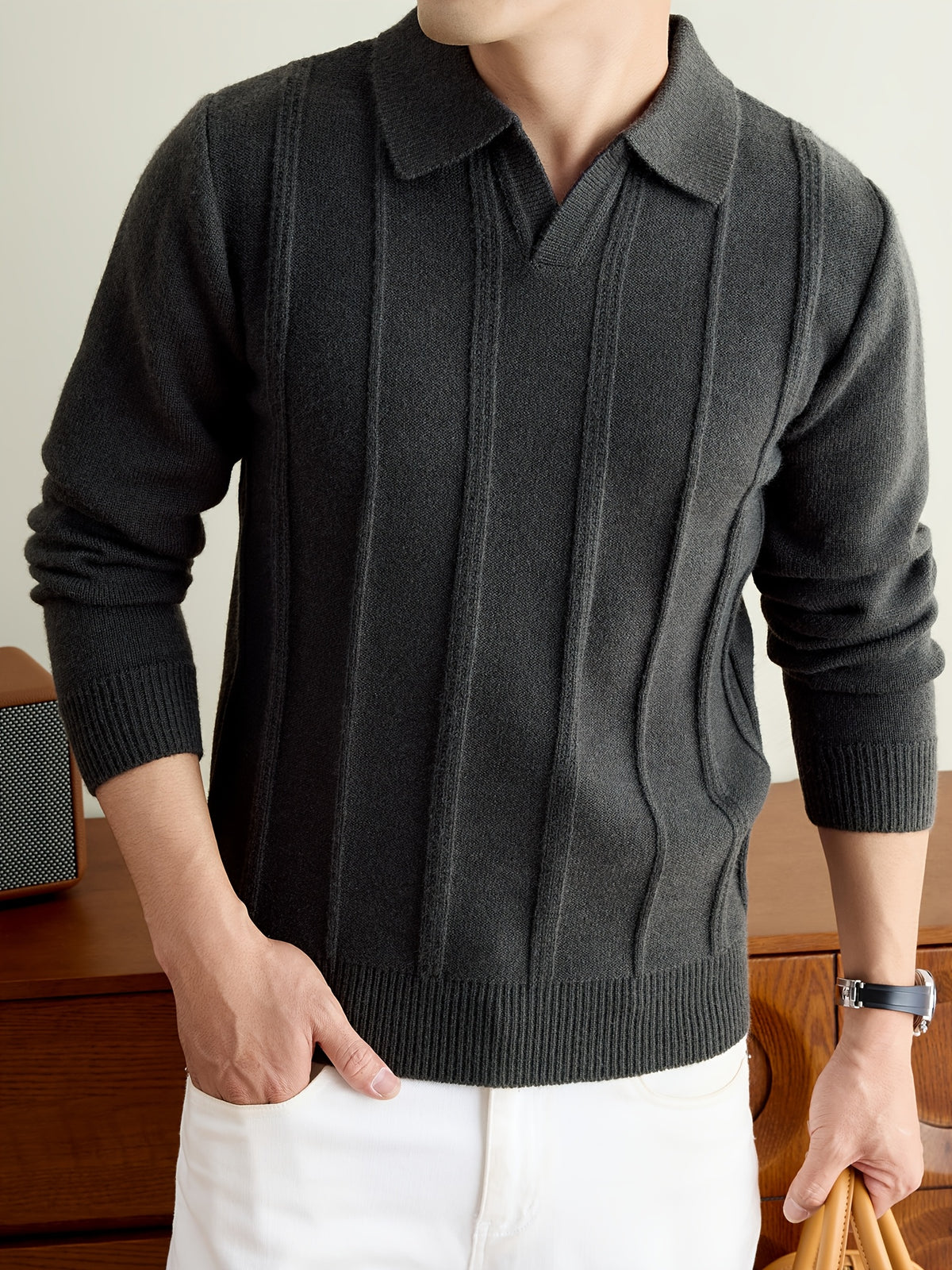 Men's Fall Winter V-Neck Buttonless Collar Knit Polo Sweater, Vertical Ribbed Long Sleeve Pullover with Ribbed Trim, Casual Top - Dark Gray