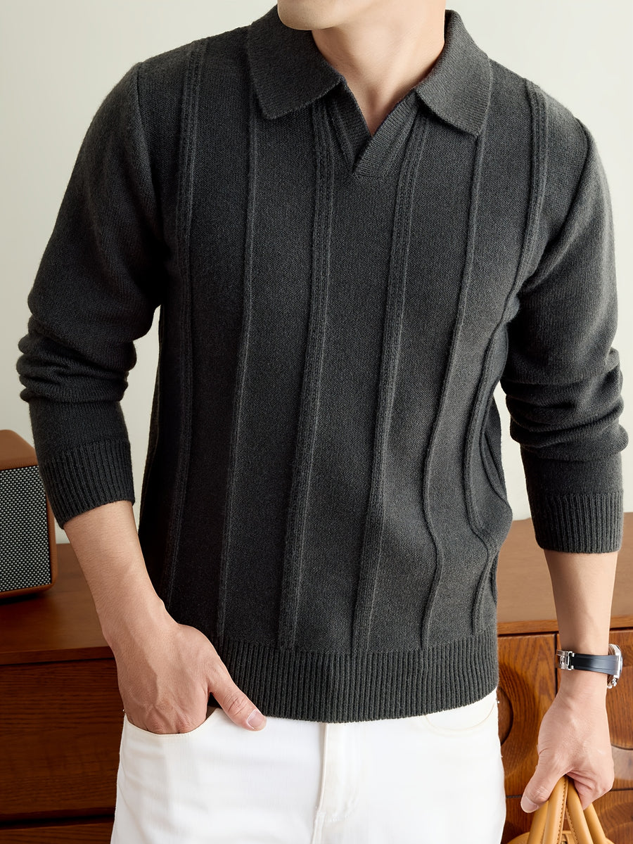Men's Fall Winter V-Neck Buttonless Collar Knit Polo Sweater, Vertical Ribbed Long Sleeve Pullover with Ribbed Trim, Casual Top - Dark Gray